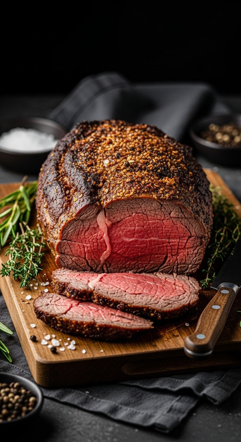 Whole Ribeye Roast, Crisp Brown Crust, Medium-Rare Center Revealed By Slice, On Wood. Elegant Christmas Beef.