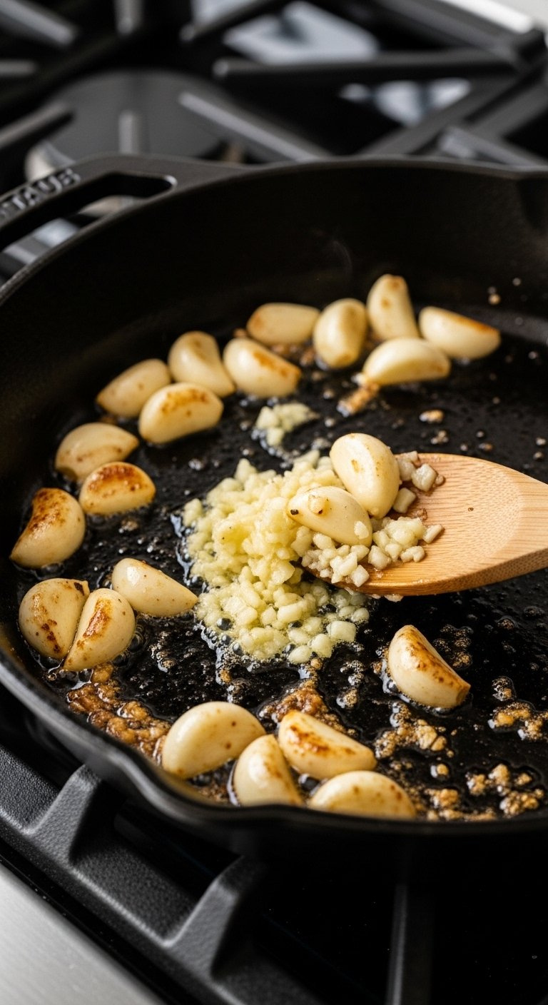 Whole And Minced Garlic Cloves Sauteing In Melted Butter Inside A Cast Iron Skillet.