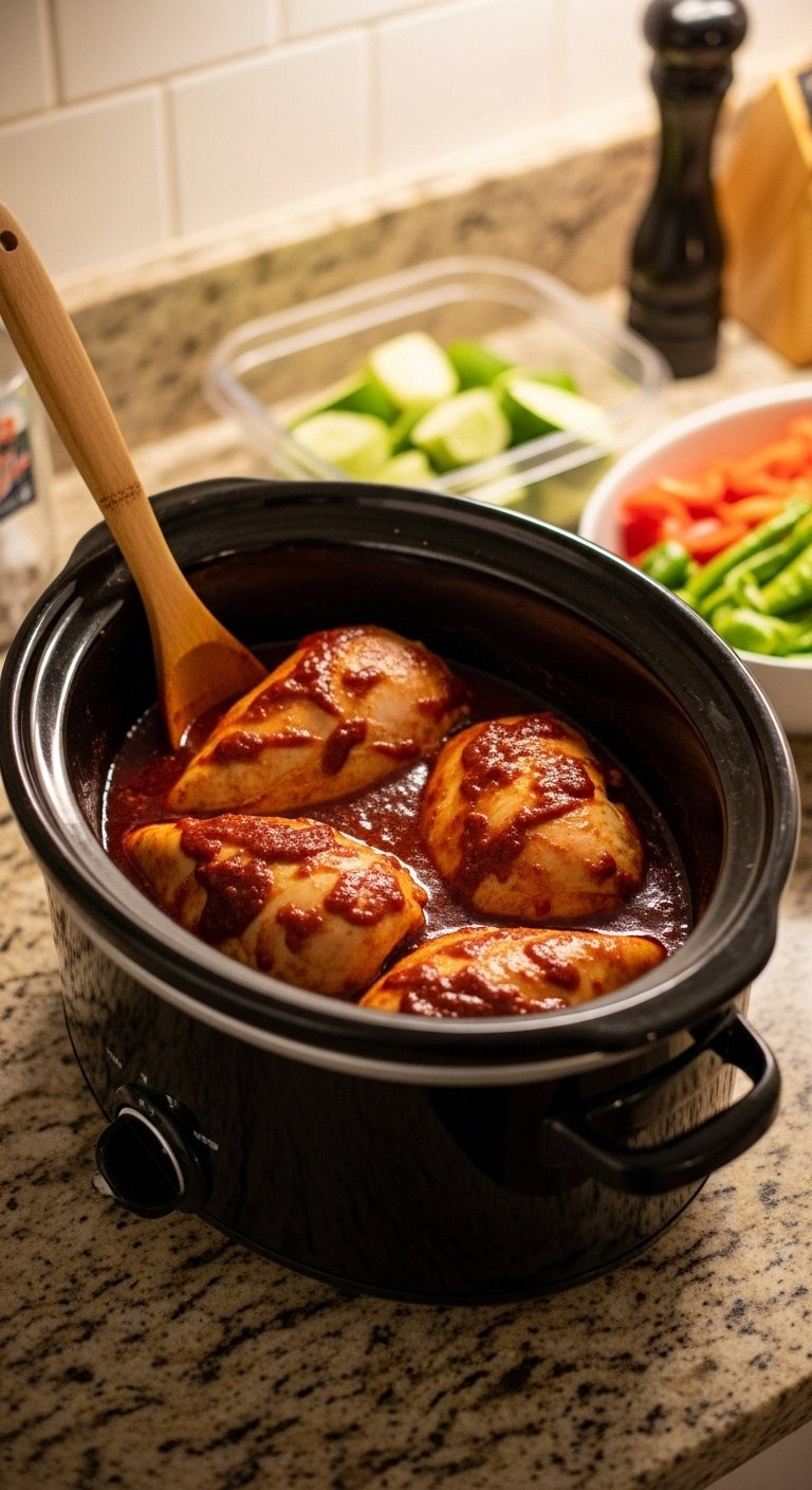 Whole Chicken Breasts Simmering In Rich Red Gochujang Sauce Inside A Ceramic Slow Cooker Pot On A Granite Countertop.