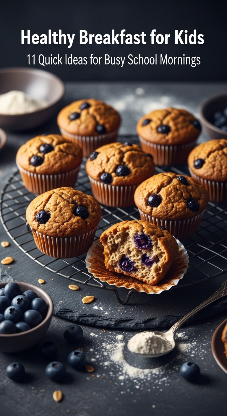 Whole Grain Blueberry Muffins On A Cooling Rack With One Broken Open On A Dark Slate Surface With Fresh Blueberries And Vintage Spoon