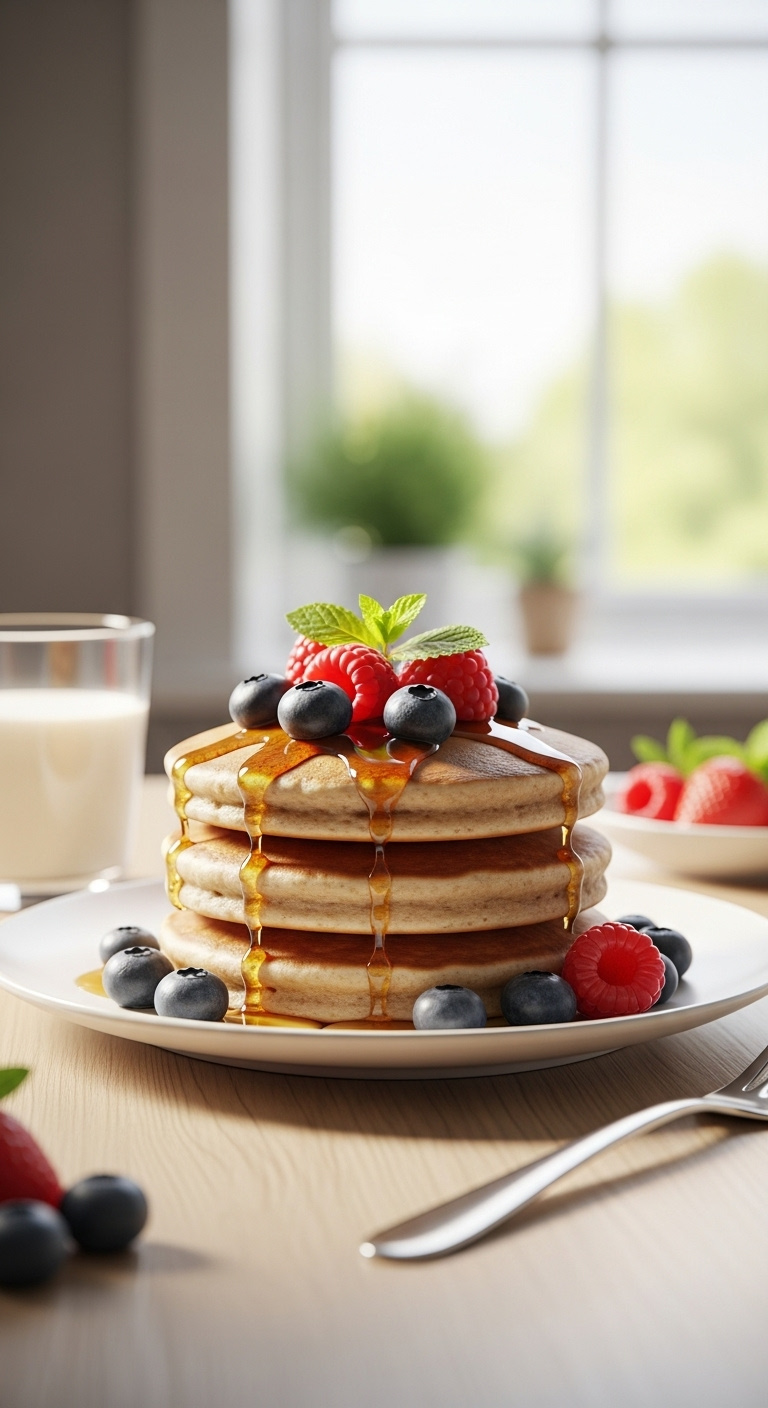 Whole Grain Pancakes With Blueberries Raspberries And Maple Syrup On A White Plate With Milk And Fork On A Wooden Table