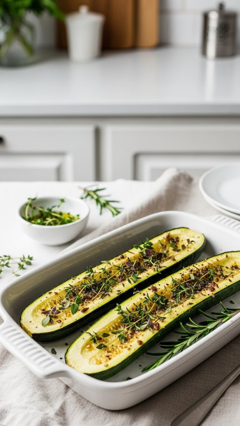 Whole Oven-Baked Zucchini Garnished With Fresh Herbs On White Ceramic Serving Dish