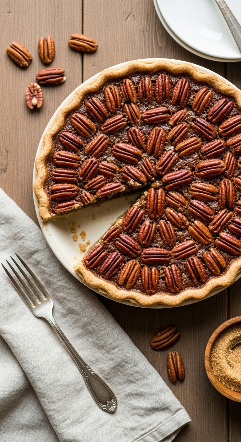 Whole Pecan Pie: Golden Crust, Toasted Pecans, Glossy Filling. Rustic Table. Delicious Fall Dessert.