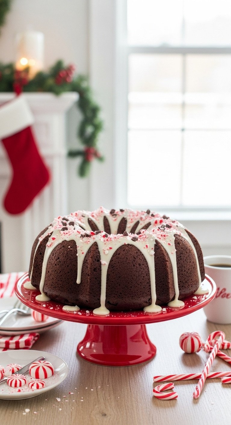 Whole Peppermint Mocha Bundt Cake With Chocolate, Thick Peppermint Glaze, Crushed Candy Canes, Chocolate Shavings. Festive Recipe.