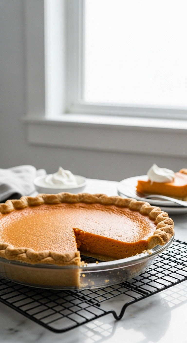 Whole, Perfectly Baked Sweet Potato Pie With A Golden Flaky Crust Cooling On A Wire Rack, Ready To Be Served.