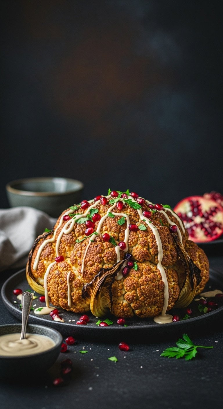 Whole Roasted Cauliflower Centerpiece, Golden-Brown With Tahini Glaze, Pomegranate, Parsley On Dark Platter, Elegant.