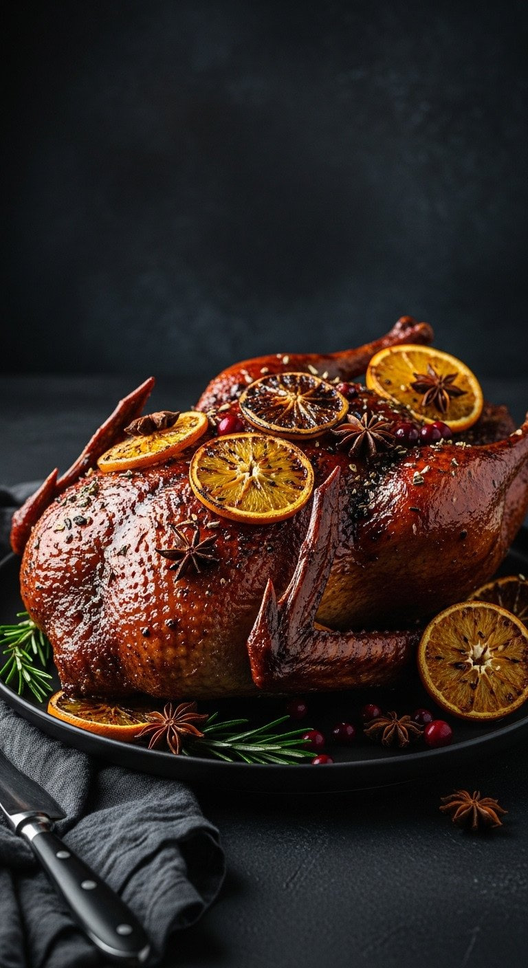 Whole Roasted Duck With Lacquered Orange Glazed Skin, Garnished With Charred Orange Slices, Star Anise, And Cranberries.