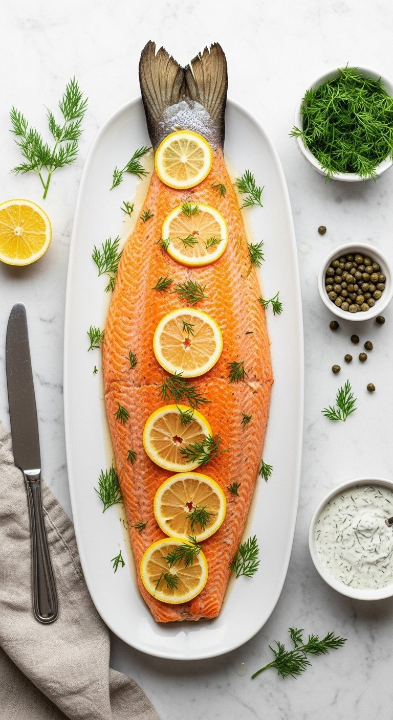 Whole Roasted Salmon Fillet With Lemon Slices And Fresh Dill, Vibrant Pink-Orange, Served On A White Platter.