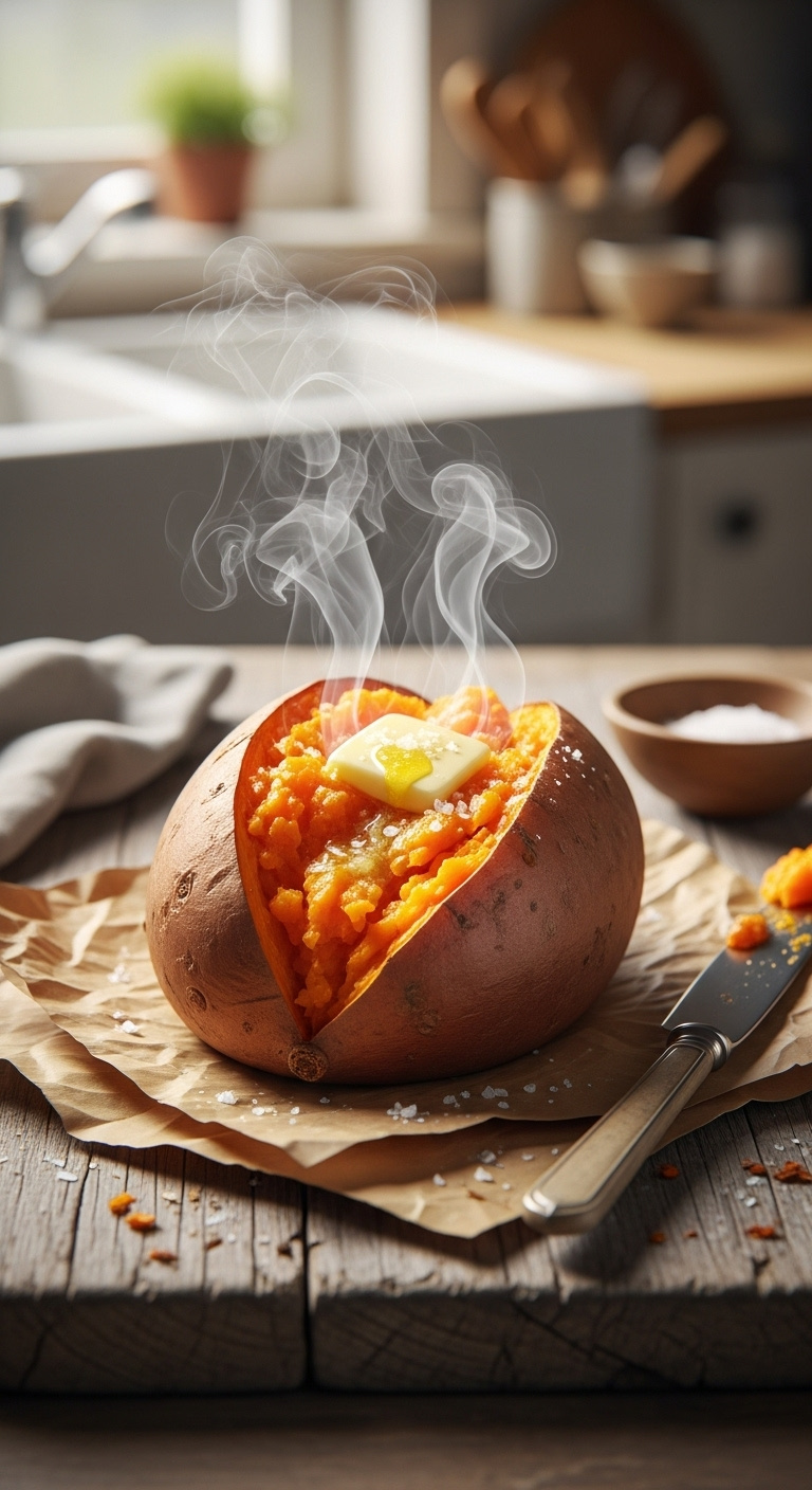 Whole Roasted Sweet Potato Split Open With Melting Butter And Salt On Parchment Paper And A Wooden Board