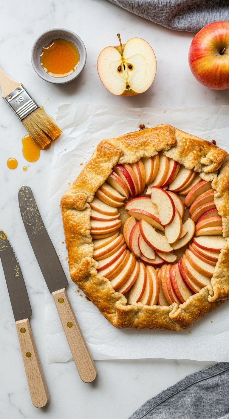 Whole Rustic Apple Galette On Parchment Paper With Beautifully Arranged Apple Slices And A Golden, Flaky Crust.