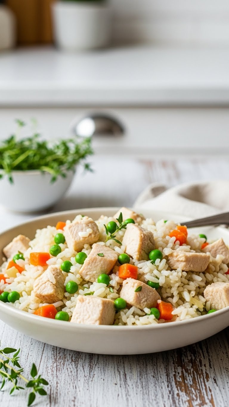 Wholesome Instant Pot Chicken And Rice Dish With Tender Chicken, Fluffy White Rice, Green Peas, And Carrots In A Bowl.