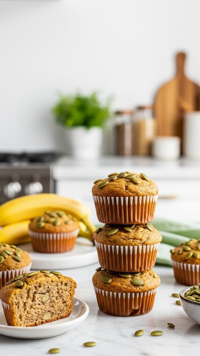 Wholesome Banana Bread Muffins With Pumpkin Seeds On Marble Countertop In Bright Airy Kitchen Daylight Setting.
