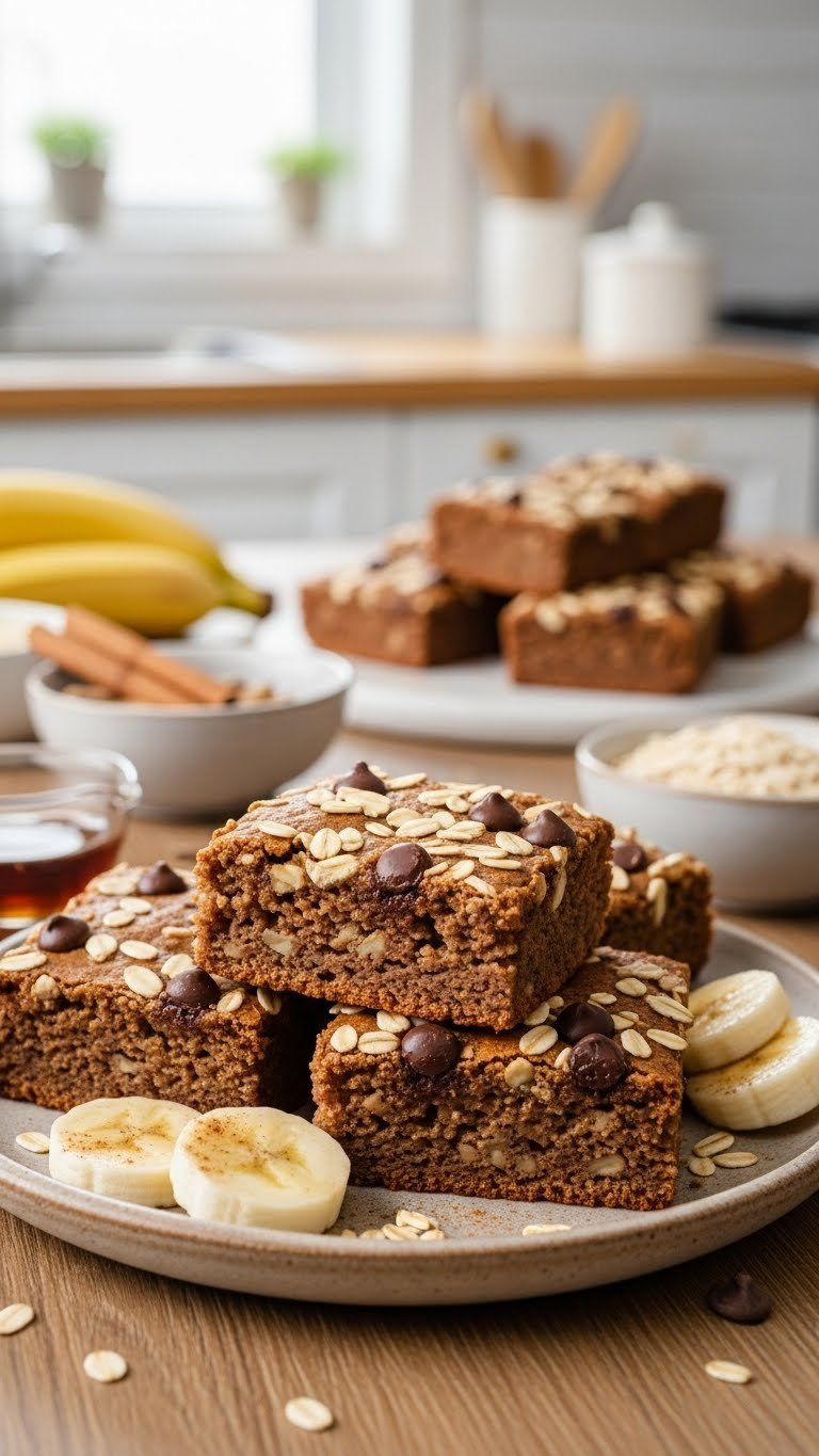 Wholesome Banana Oatmeal Brownies With Visible Oats And Banana Slices On Ceramic Plate