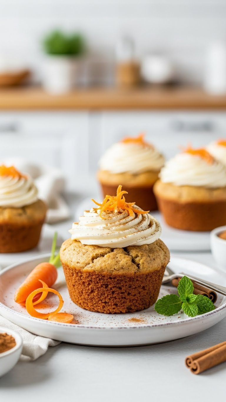 Wholesome Carrot Cake Muffins With Cream Cheese Frosting And Cinnamon On White Rustic Plate