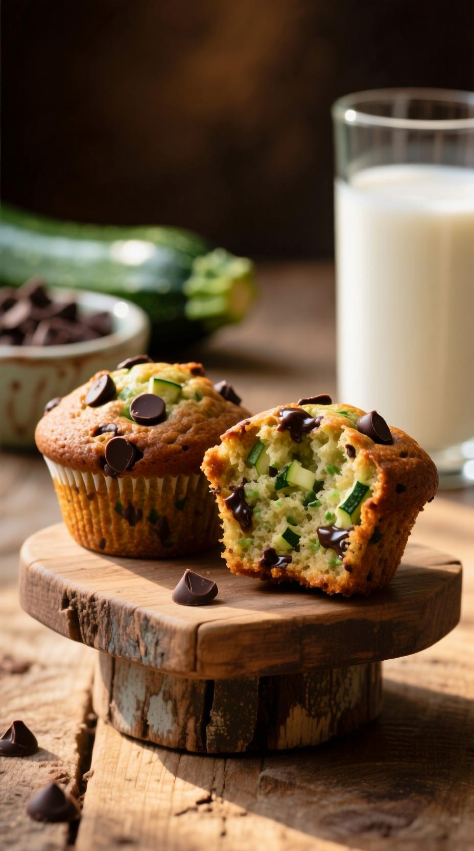 Wholesome Chocolate Chip Zucchini Muffins On A Wooden Pedestal With Zucchini And Chocolate Chips In Warm Afternoon Light