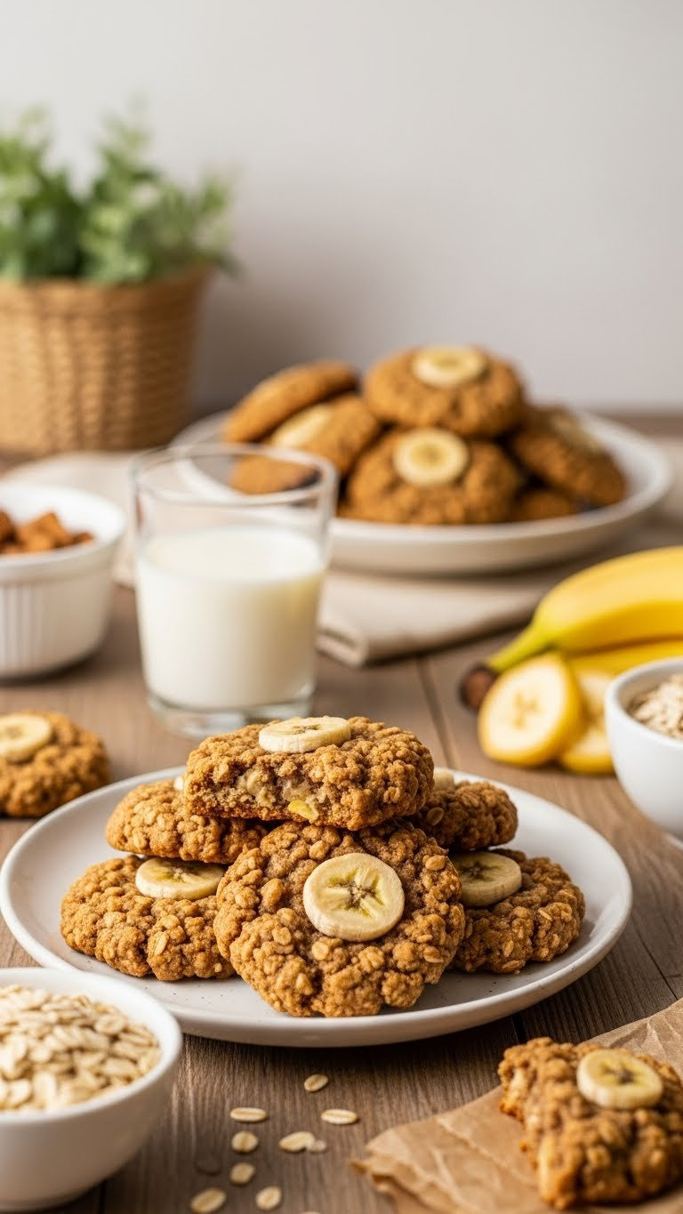 Wholesome Oatmeal Banana Breakfast Cookies With Visible Oats And Banana Pieces On Rustic Wooden Table