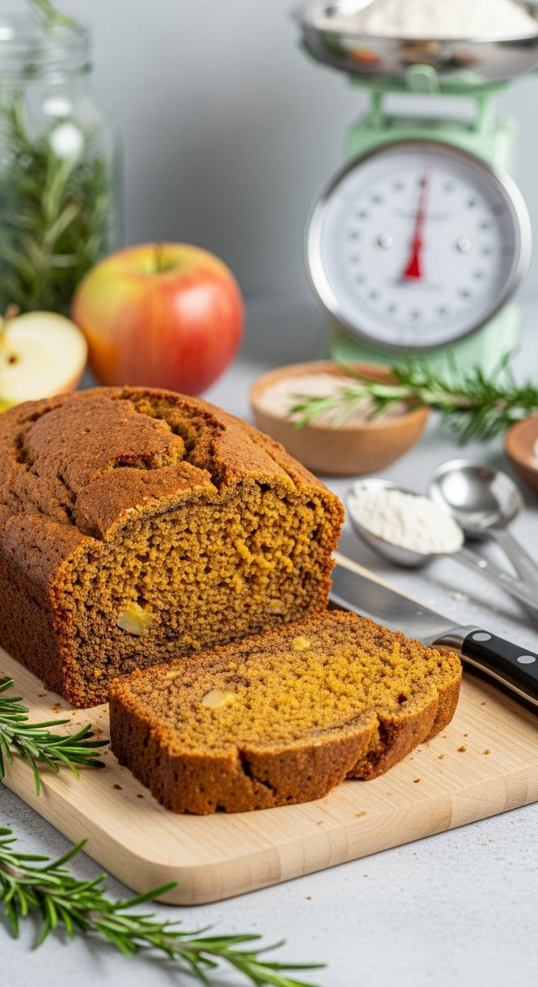 Wholesome Pumpkin Bread Slice With Dense Whole Grain Crumb (Whole Wheat, Applesauce) On Wooden Board With Rosemary.