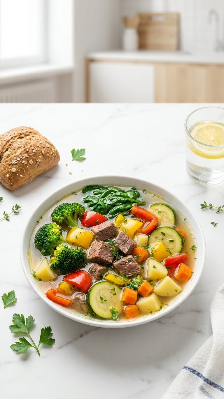 Wholesome Vegetable Beef Stew With Lean Beef, Broccoli, Spinach, Bell Peppers, Carrots, Potatoes. Bright, Healthy Meal On Marble With Roll, Lemon Water.