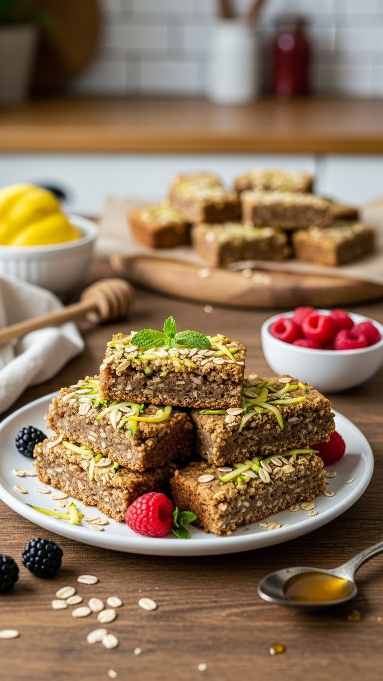 Wholesome Yellow Zucchini Oatmeal Bars On White Ceramic Plate With Fresh Berries And Honey Drizzle