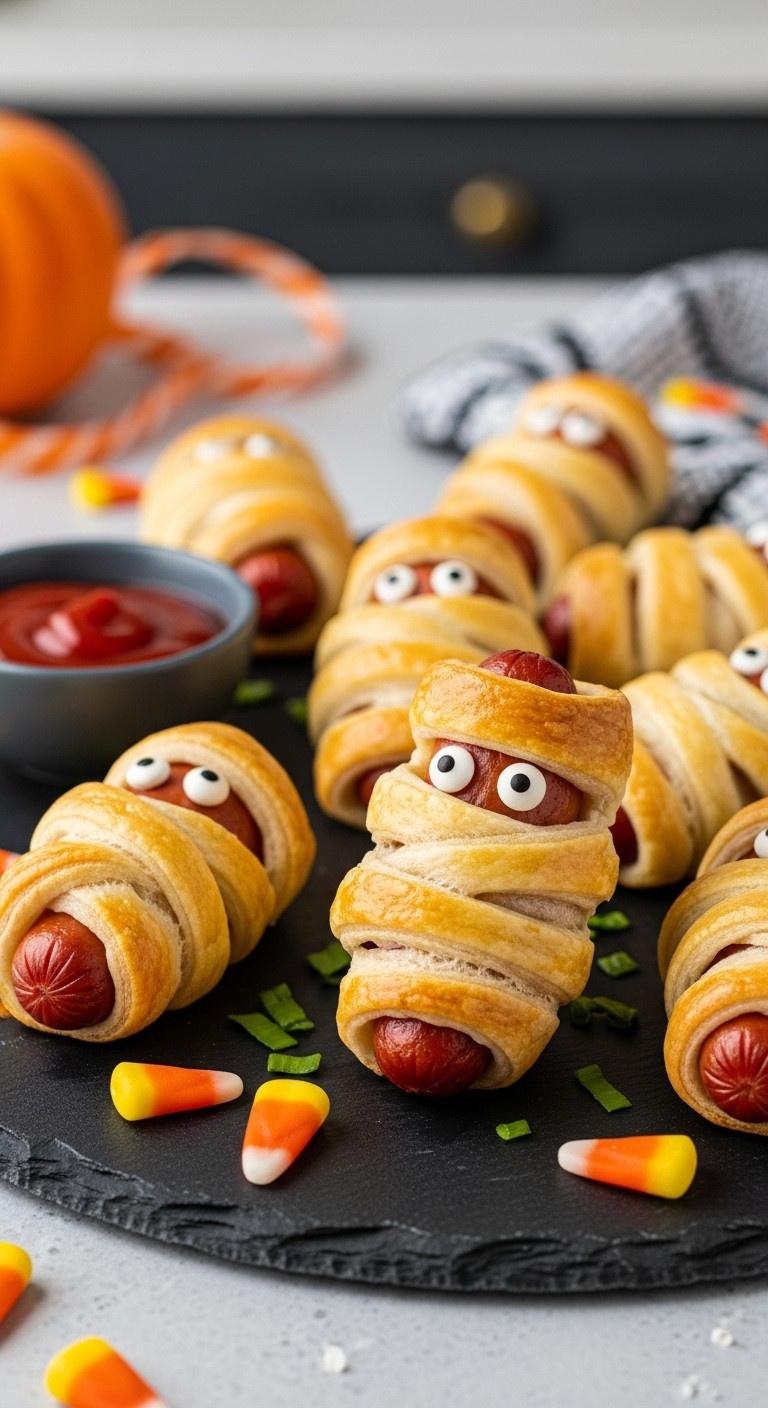 Wickedly Easy Mummy Hot Dogs With Crescent Dough Bandages And Candy Eyeballs On A Dark Slate Serving Platter