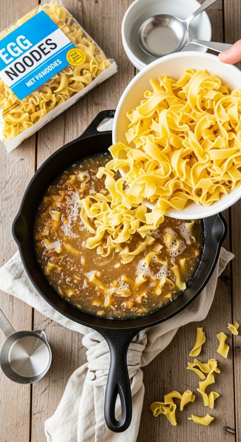Wide Egg Noodles Cascading Into Bubbling Broth Inside A Cast Iron Skillet.