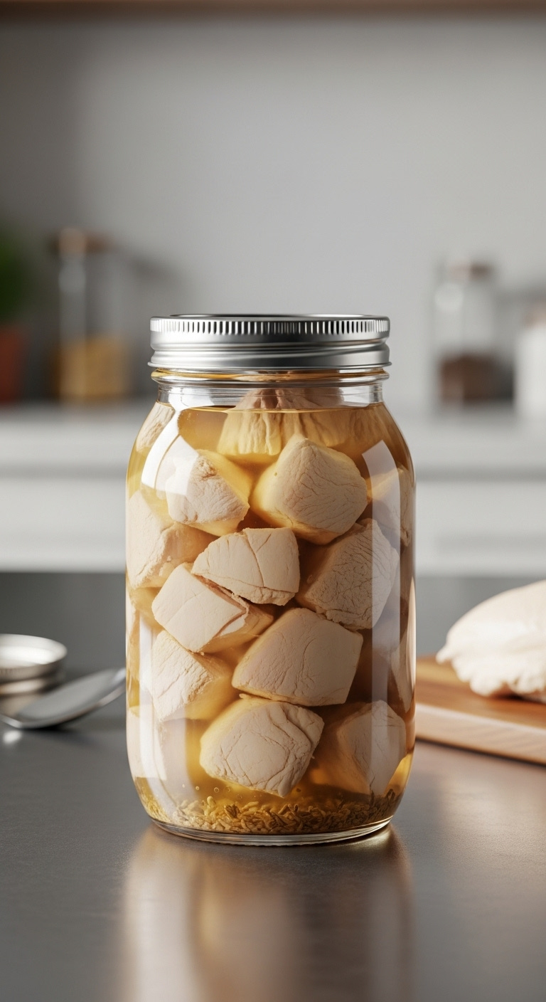 Wide Mouth Pint Jar Of Canned Chicken In Clear Broth On A Stainless Steel Countertop With A Cutting Board And Cooked Chicken Breast