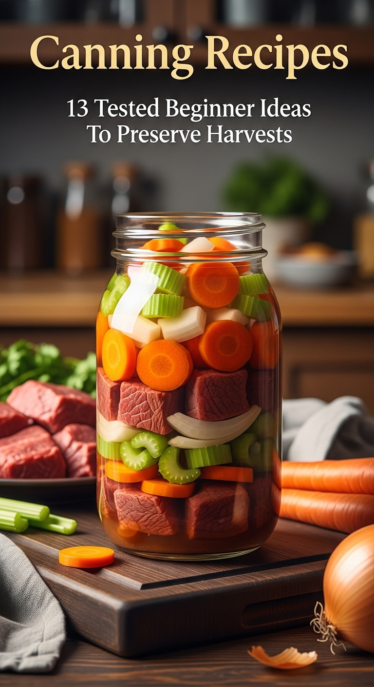 Wide Mouth Quart Jar Layered With Beef Carrots Celery And Onions In Rich Beef Broth On A Dark Wood Cutting Board
