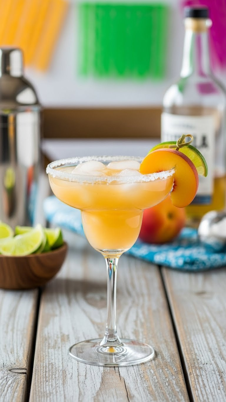 Wide-Rimmed Margarita Glass With Salted Rim Filled With Frosty Pale Orange Peach Margarita And Lime Wedge Garnish