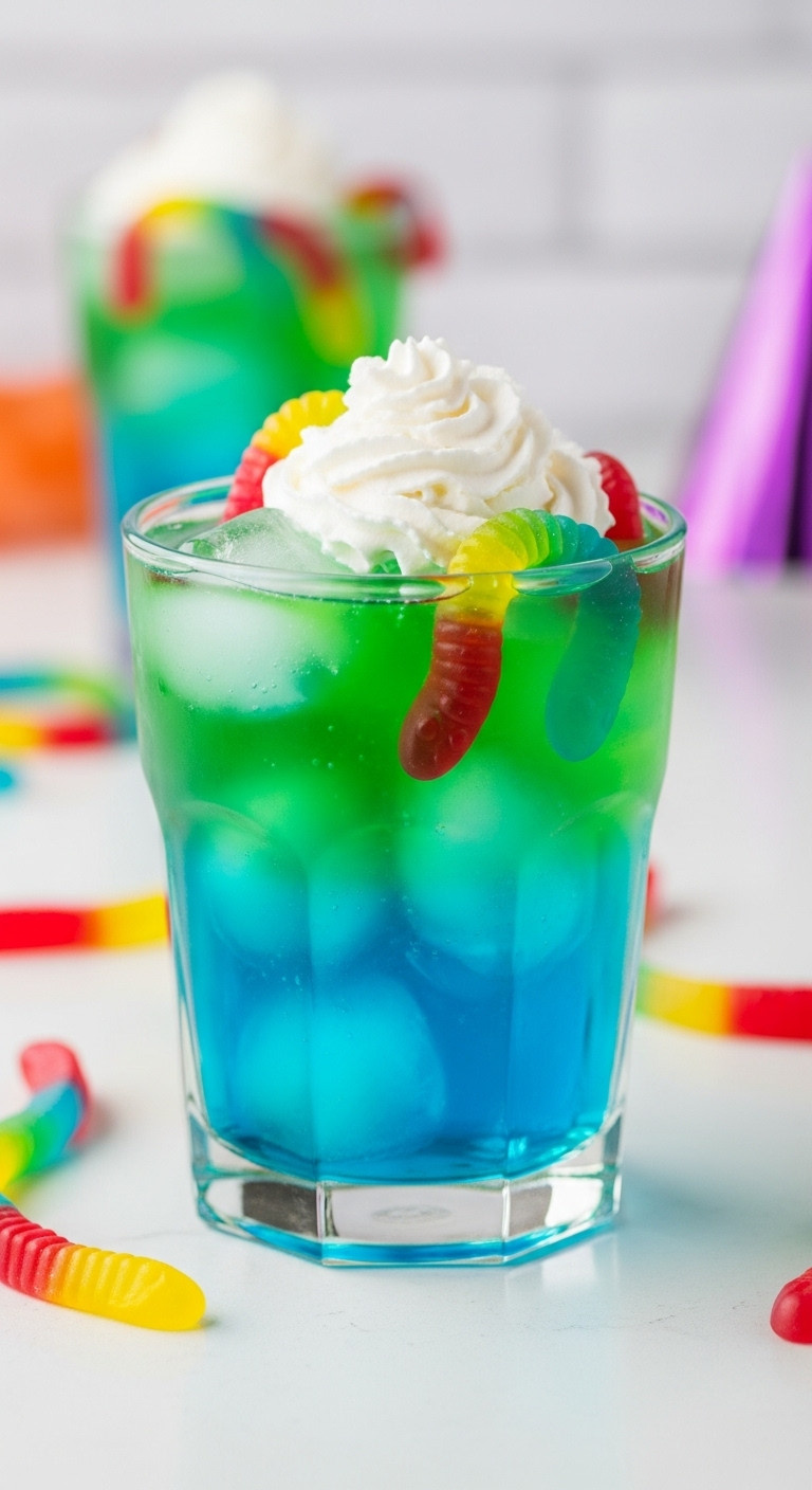 Wiggly Worms Potion Halloween Drink With Blue Green Layers Gummy Worms And Whipped Cream