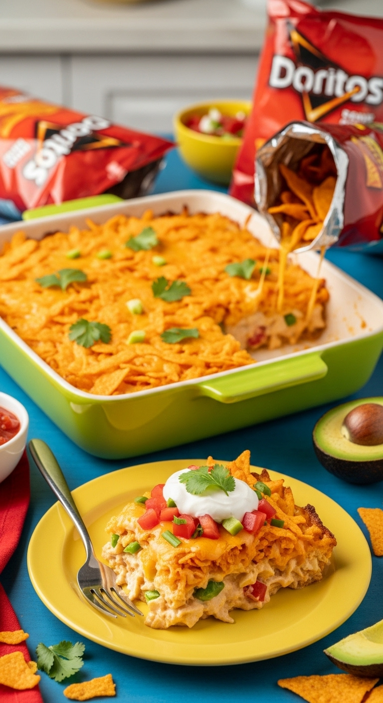 Wildly Fun Colorful Doritos Chicken Casserole With Vibrant Orange Crushed Nacho Cheese Doritos Melted Mexican Cheese And Creamy Filling