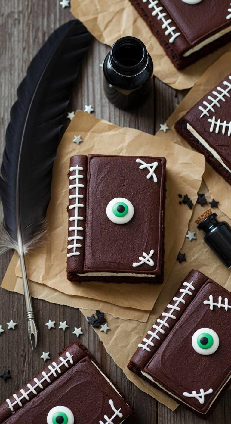 Winifred's Magical Spell Book Brownies With Candy Eyeballs And White Icing Stitches On Parchment Paper