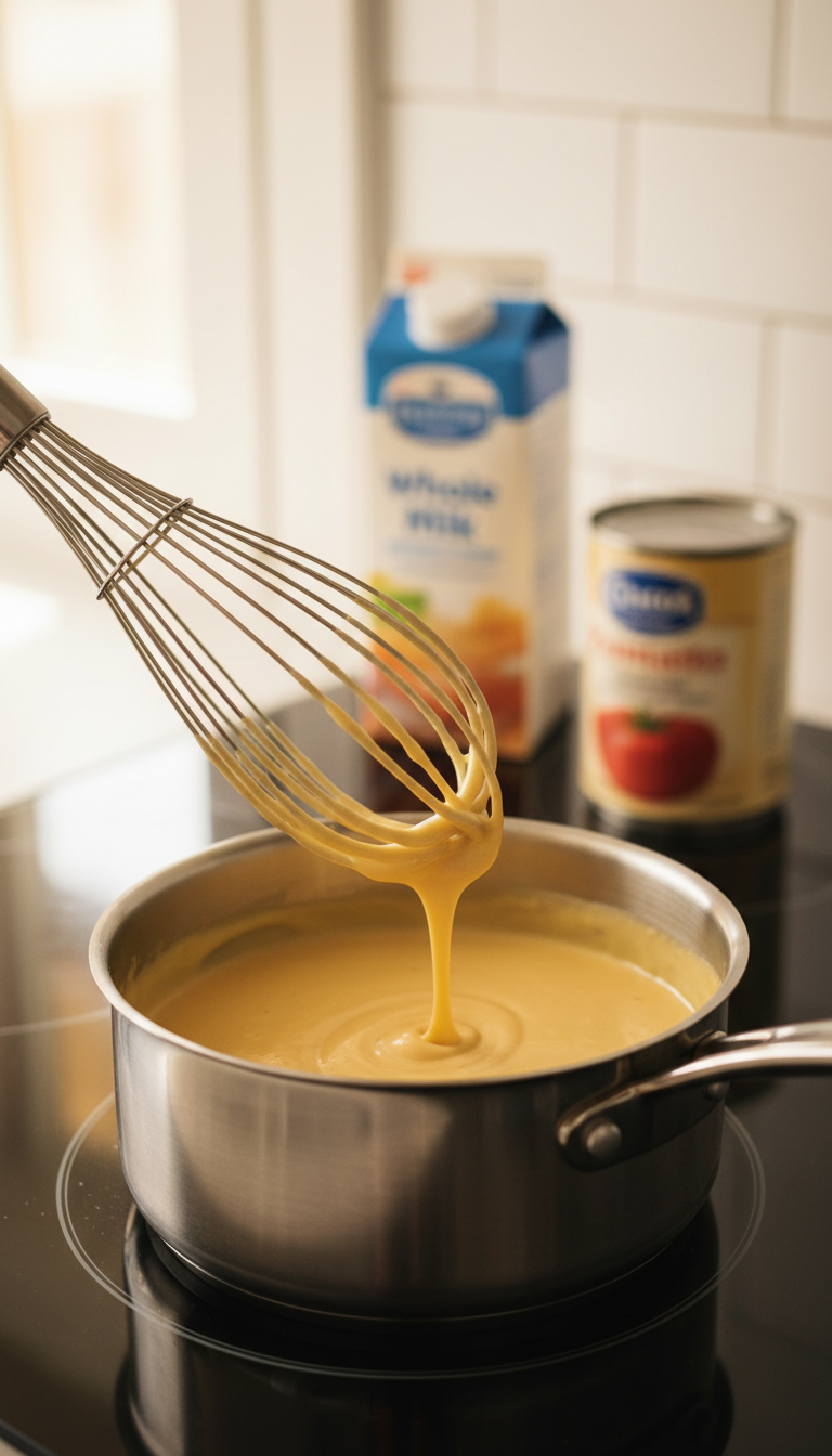 Wire Whisk Mixing Smooth Creamy Cheese Sauce In Small Saucepan On Modern Stovetop.
