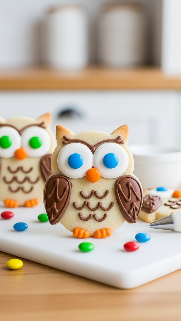 Wise Owl Sugar Cookies Featuring Candy Eyes And Colorful M&Amp;M Details Displayed On Clean White Cutting Board