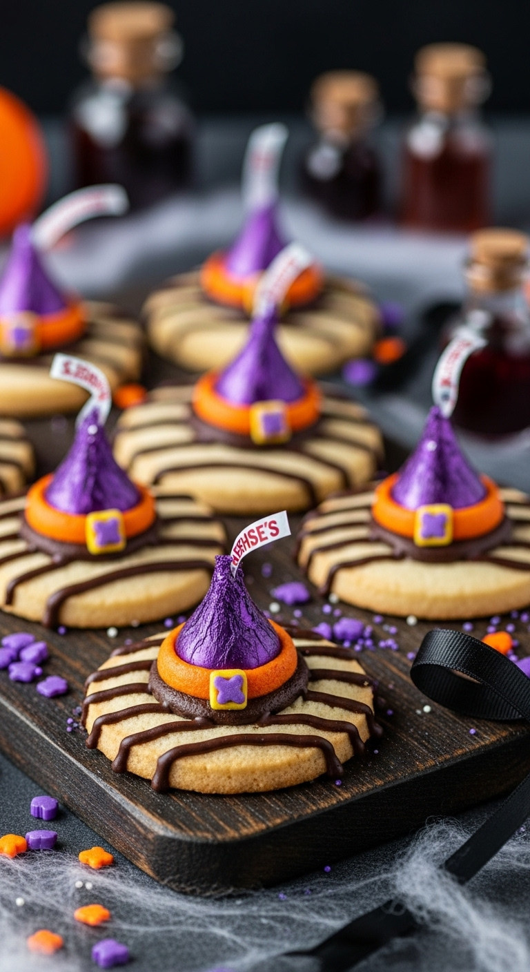 Witch Hat Cookies: Fudge-Striped Shortbread Topped With Hershey's Kisses And Festive Sprinkles On A Rustic Board. Ideal Halloween Dessert.