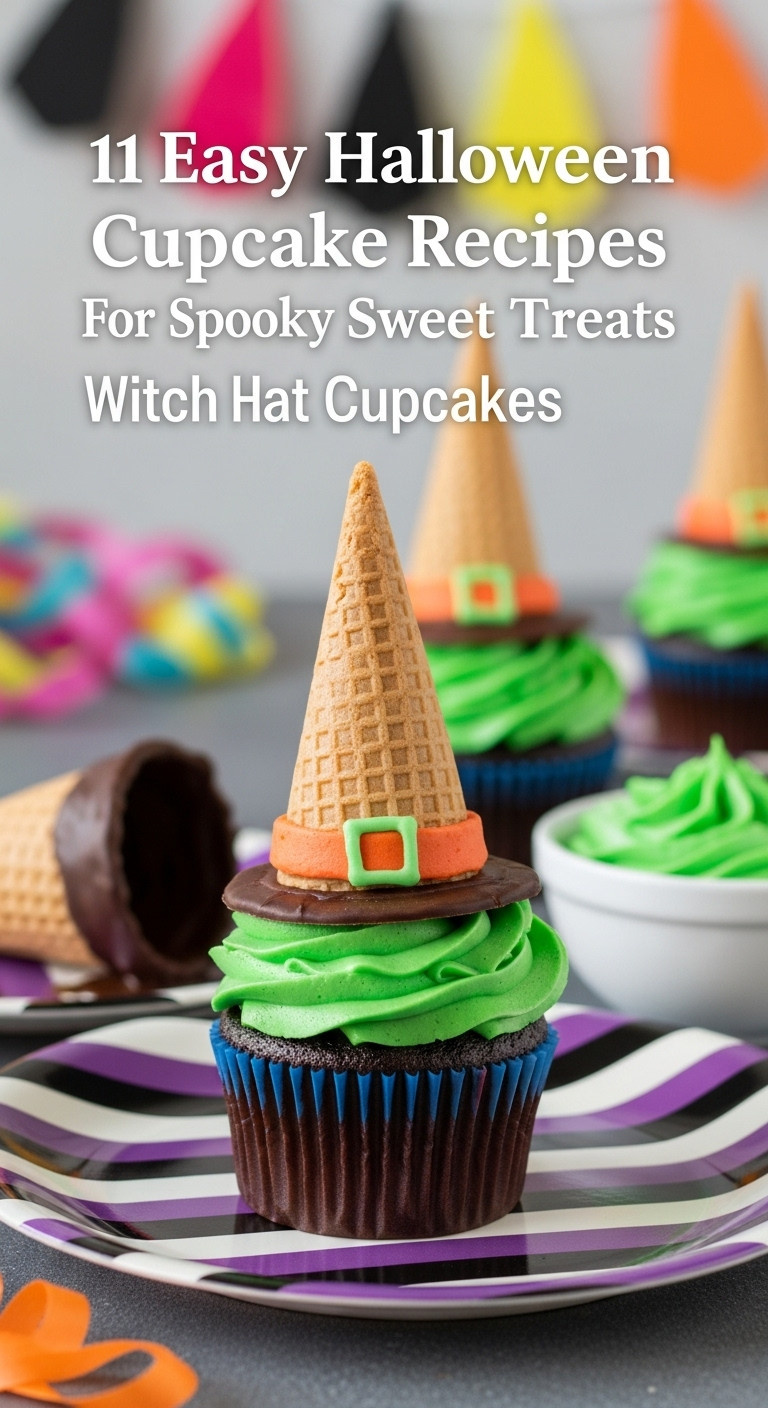 Witch Hat Cupcakes With Green Frosting And Chocolate Cone Hats On A Striped Plate At A Halloween Party