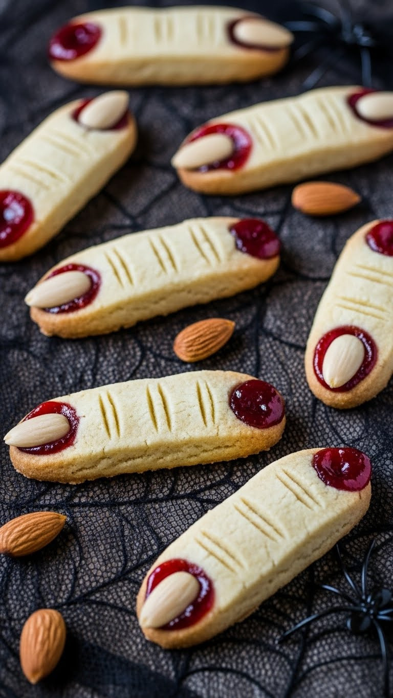 Witch Finger Shortbread Cookies On Dark Rustic Surface