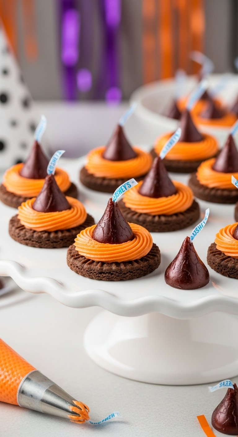 Witch Hat Cookies With Fudge Stripe Base Hershey's Kiss And Orange Frosting On A White Cake Stand