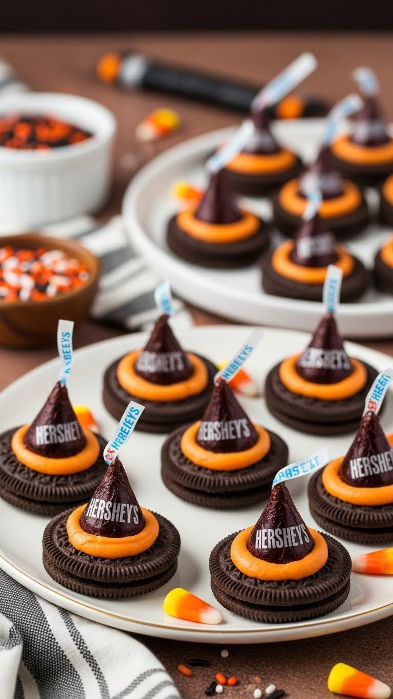 Witch Hat Treats Made From Chocolate Cookies And Hershey's Kisses With Orange Frosting Stripes On Vintage Ceramic Plate