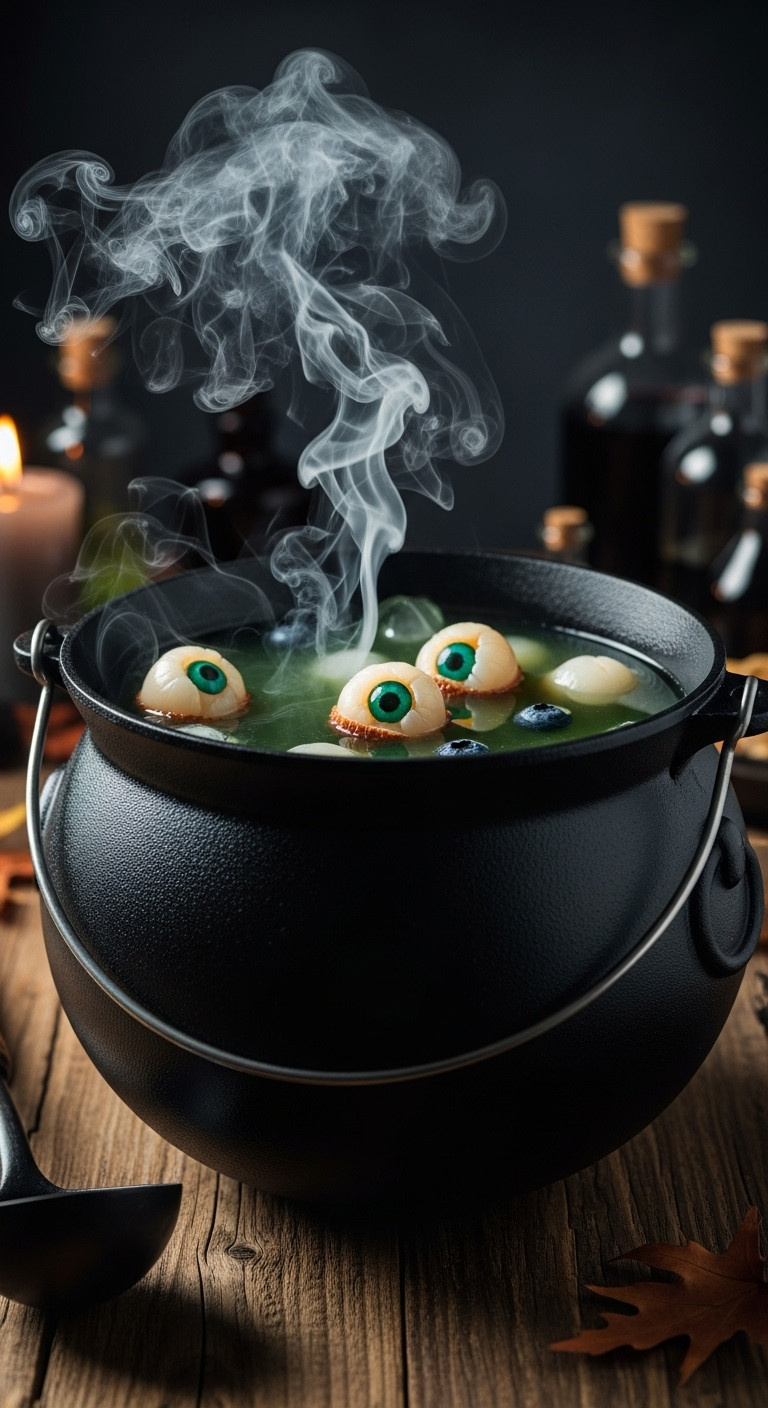 Witches' Brew Punch In A Black Cauldron With Lychee Eyeballs And Dry Ice Smoke On A Rustic Table For A Bewitching Halloween Party