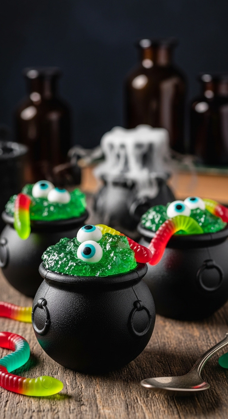 Witches Brew Cauldron Cups With Bubbling Vibrant Green Jello Gummy Worms Candy Eyeballs And Dry Ice Perfect For Spooky Recipes