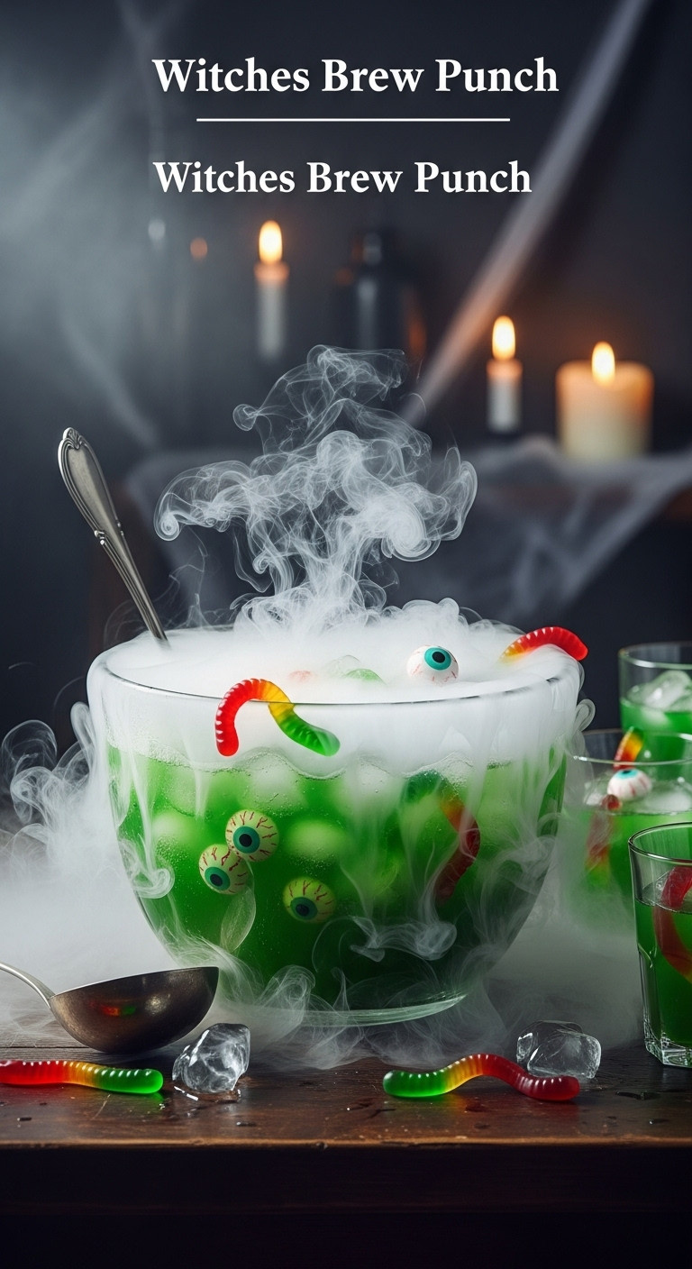 Witches Brew Punch With Dry Ice Gummy Worms And Eyeball Candies In A Glass Bowl