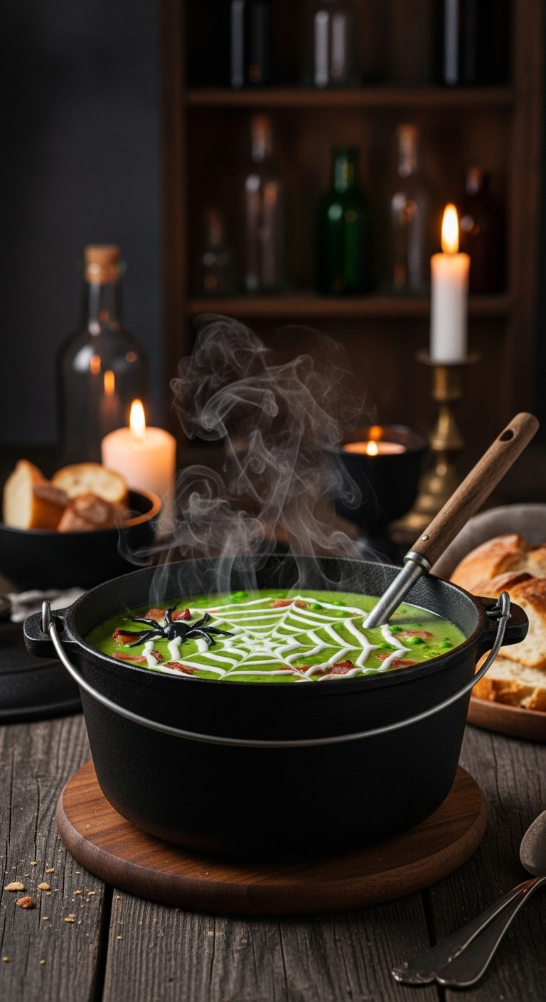 Witches Brew Stew With Green Pea And Bacon Chowder And Sour Cream Spiderweb In A Black Cast Iron Cauldron