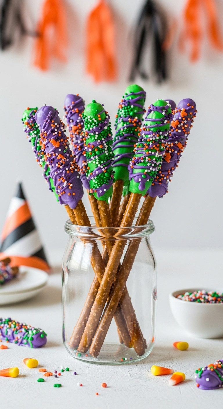Witches Wands Pretzel Rods Dipped In Purple And Green Candy Melts With Sprinkles In Glass Jar