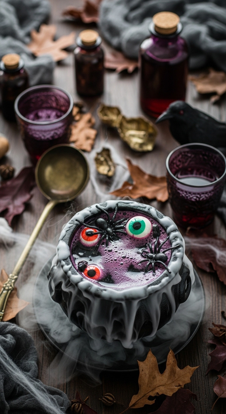 Witch's Brew Cauldron: Mysterious Purple/Green Punch Bubbling With Fog, Spiders On Rim. Halloween Party Drink With Gothic Decor.