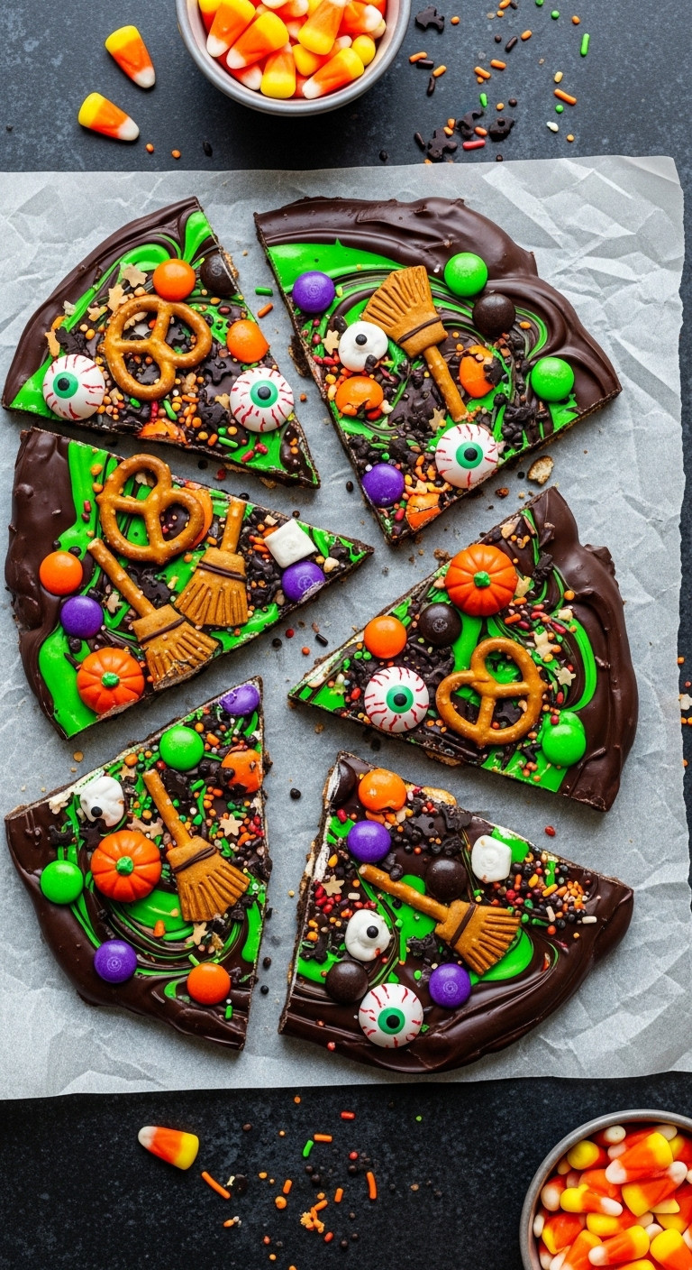 Witch's Brew Halloween Bark With Swirled Green Black And Brown Chocolate And Candy Eyeballs On Parchment Paper