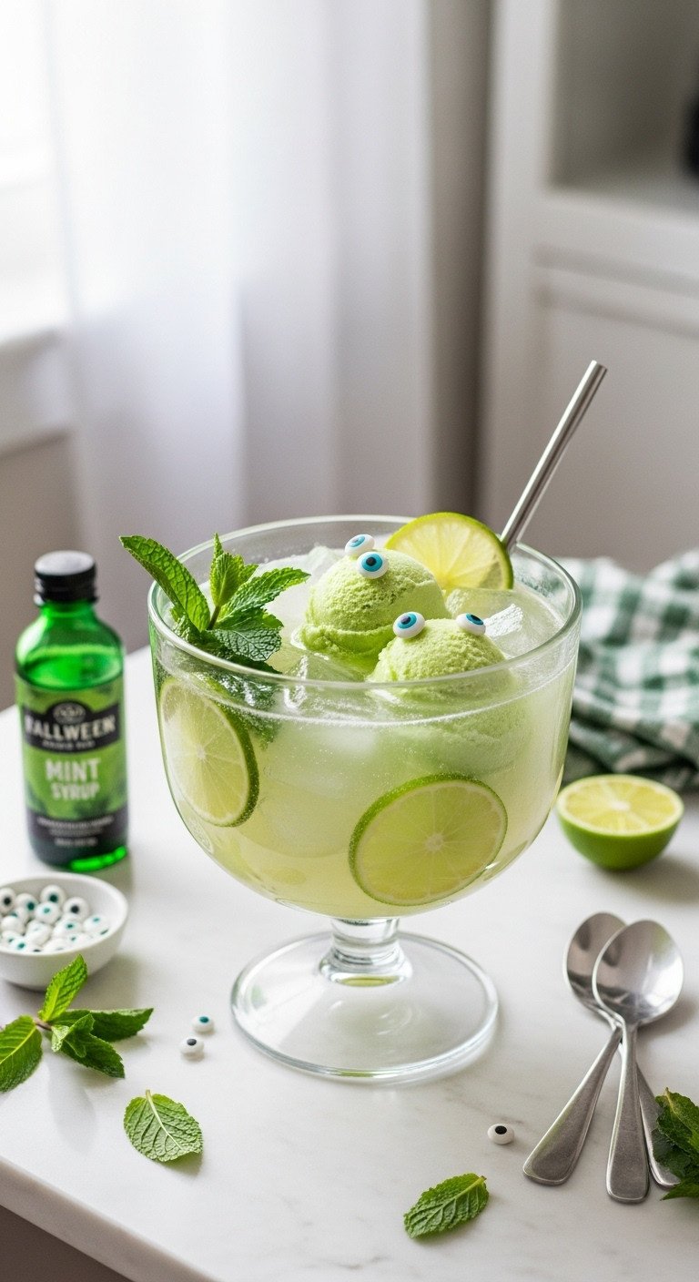 Witch's Brew Mojito Punch With Mint Lime Slices And Lime Sherbet In An Elegant Glass Bowl