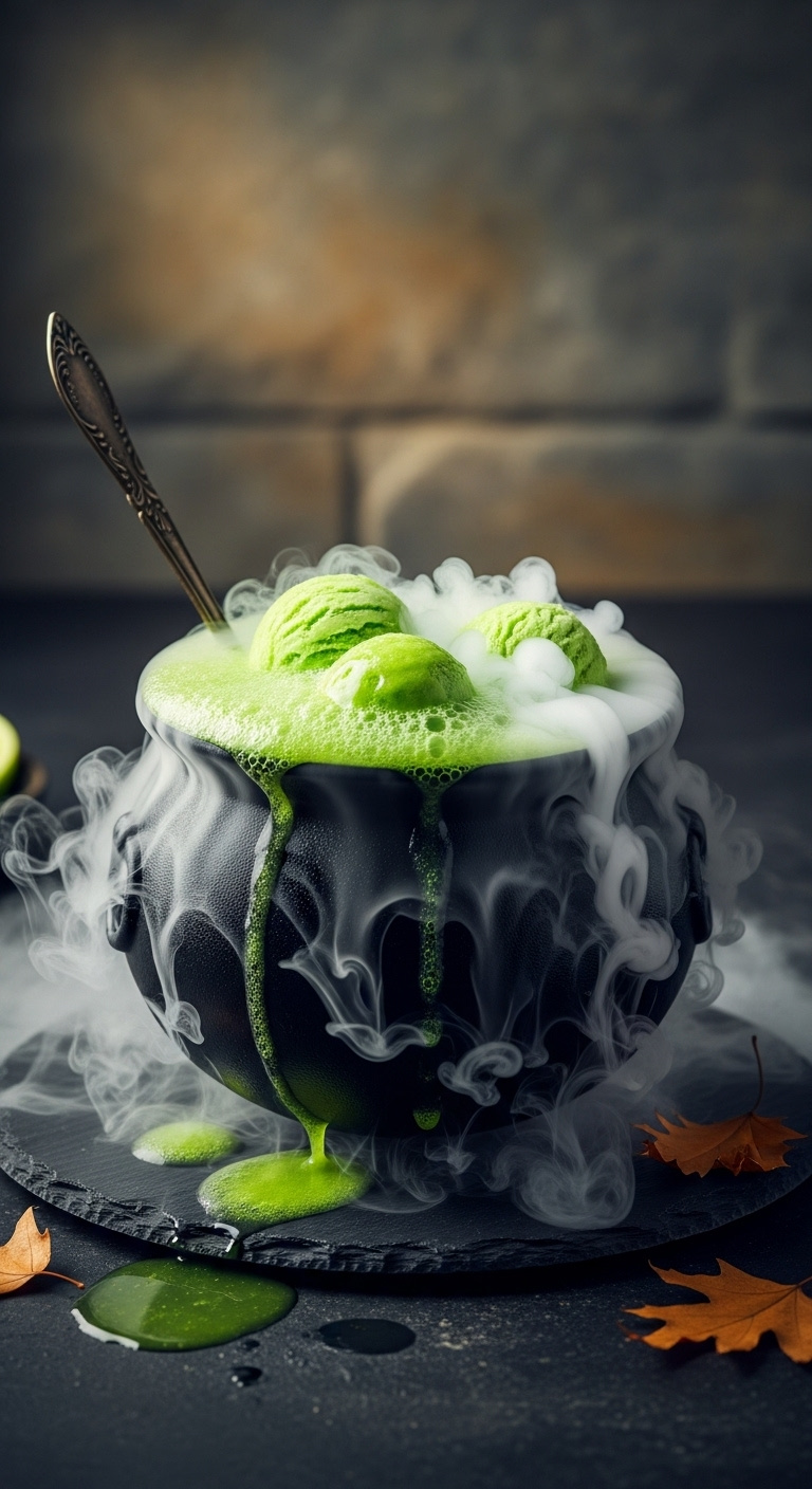 Witchs Brew Sparkling Lime Punch In A Black Cauldron With Dry Ice Fog And Lime Sherbet On A Slate Slab