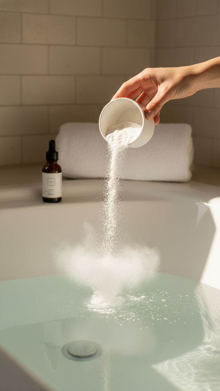 Woman's Hand Pouring Baking Soda From Measuring Cup Into Ceramic Bathtub With Tea Tree Oil Bottle Nearby