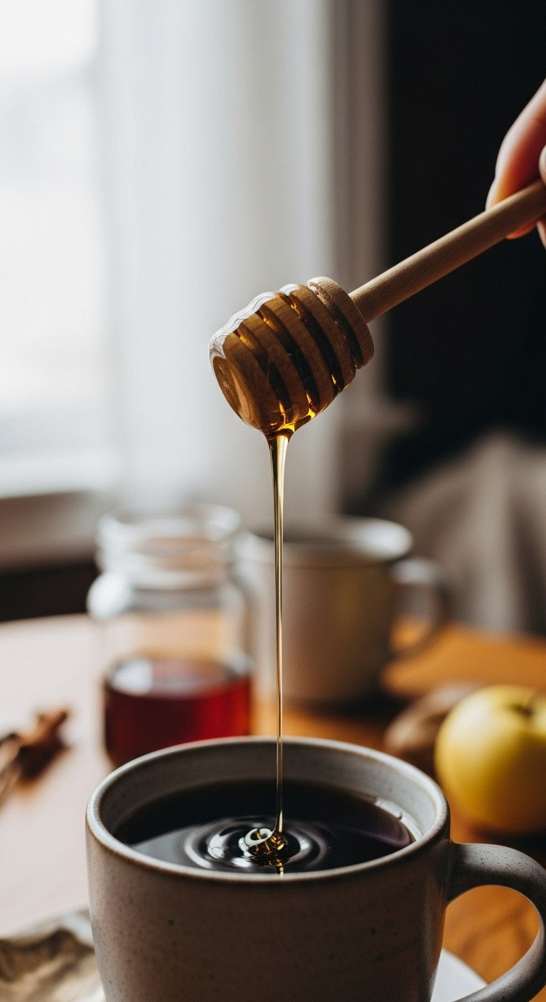 Wooden Honey Dipper Drizzling Golden Maple Syrup Into A Steaming Ceramic Mug Of Dark Apple Cider On A Rustic Wooden Table.