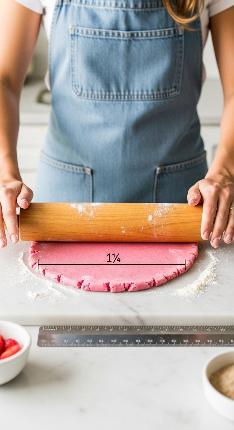 Wooden Rolling Pin Smoothing Out A Chilled Disc Of Pink Strawberry Shortbread Dough On A Floured Marble Surface.